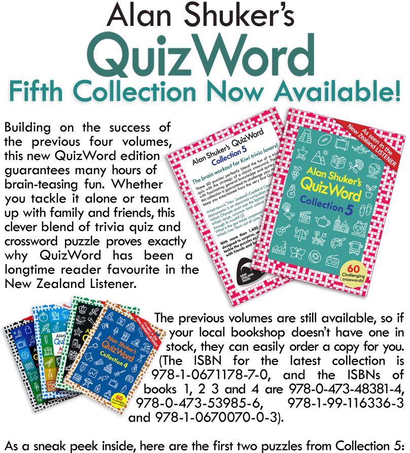 Building on the success of the previous four volumes, this latest QuizWord edition guarantees many hours of brain-teasing fun. Whether you tackle it alone or team up with family and friends, this clever blend of trivia quiz and crossword puzzle proves exactly why QuizWord is a longtime reader favourite in the New Zealand Listener.  The previous volumes are still available, so if your local bookshop doesn’t have one in stock, they can easily order a copy for you. (The ISBN for the latest collection is 978-1-0671178-7-0, and the ISBNs of books 1, 2 3 and 4 are 978-0-473-48381-4, 978-0-473-53985-6, 978-1-99-116336-3 and 978-1-0670070-0-3). As a sneak peek inside, here are the first two puzzles from Collection 5: